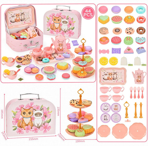 Toddler Toys Tea Party Set for Little Girls, 44 pcs Pretend Plastic Teapot Set with Desserts, Carrying Case for Ages 3-6