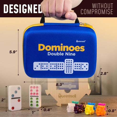 9 Set Set 55 Queensell Double Dominos for Adults and Kids with Colored Dots Classic Dominoes Game with Tiles, Wooden