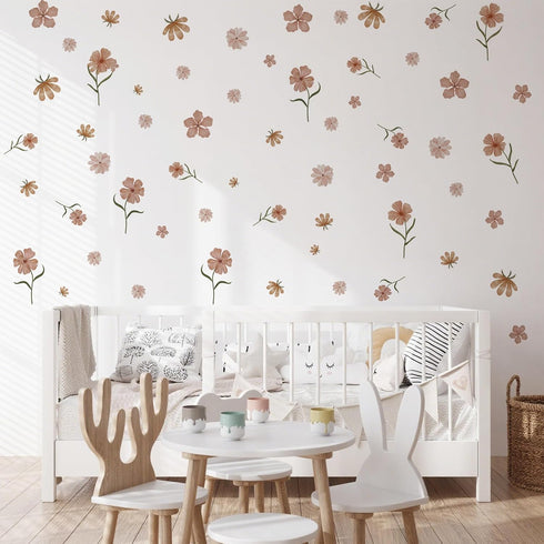 Boho Flower Wall Decals,Watercolor Wildflower Wall Art,Girls Bedroom Removable Flower DecalsNursery Kids Room Decor