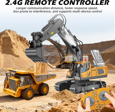 2.4Ghz, 6-12 Remote Control Excavator Toys, RC Construction Toys with Metal Shovel, Lights, Sounds RC Truck Digger Toys