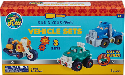 Toysmith Build Your Own Vehicle Set, 84 Pieces to Build 3 Different Vehicles, DIY Interactive Toys for Ages 3+