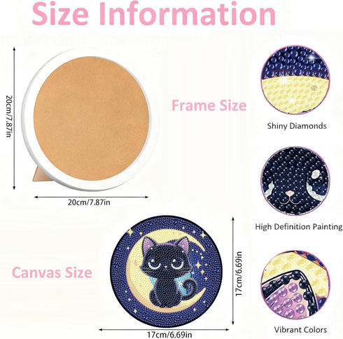 Gemozaic 6-8-12, (8x8inch) Cat Diamond Art Kits for Kids with Round Frame, Black Cat Diamond Art for Kid Ages Animal
