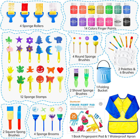 Set, 53 14 (2 oz), Shuttle Art Washable Finger Paint PCS with Colors fl Paint Brushes, Sponge, Palette, Non-Toxic