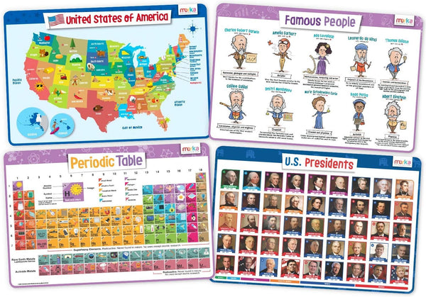 merka Placemats for Kids, 4 Pack Educational Mats for Dining Table, Non-Slip, Washable, Learning US Presidents & USA Map