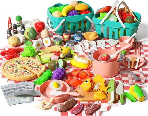 150Pcs Kitchen Playset, Toddlers Pretend Cooking Cookware Accessories, Food, Picnic Blanket, Fruits,