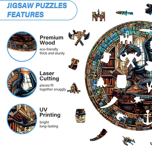 (300 13.4"x13.4") WOODBESTS Wooden Puzzles for Adults Piece, L, Dragon's Library Wood Puzzle Adult, Unique Wooden