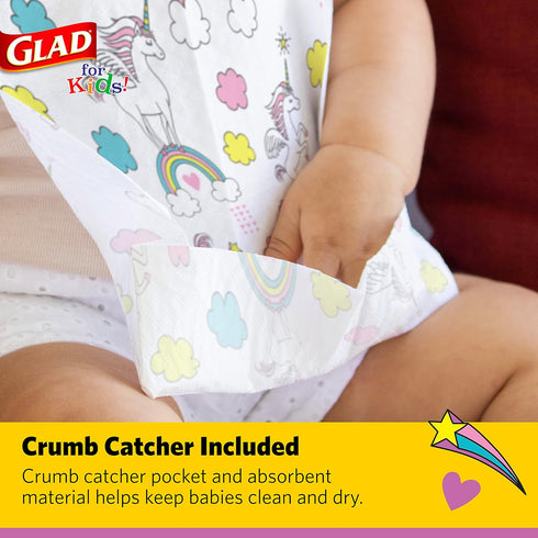 Glad for Unicorns Paper Bibs, 30 Count, Disposable Travel Paper Bibs with Cute Unicorns Design