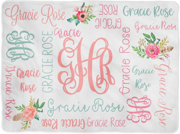 WolfeDesignPDD Baby Girl Swaddle Floral Blanket Personalized Baby Blanket Monogram Blanket Name Blanket
