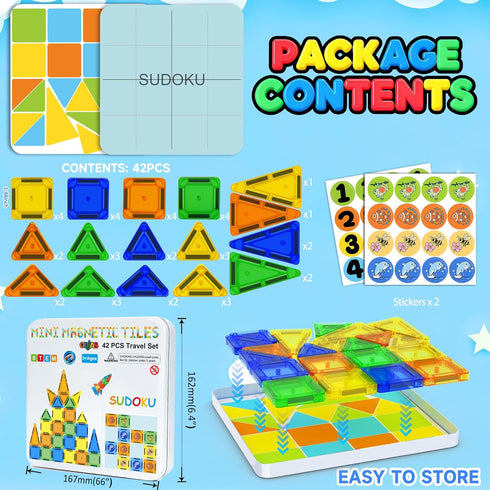 Set 42pcs, Mini Magnetic Tiles Travel with Case Bonus Sudoku Play, Mini Magnetic Blocks, Portable Travel Toy for Kids