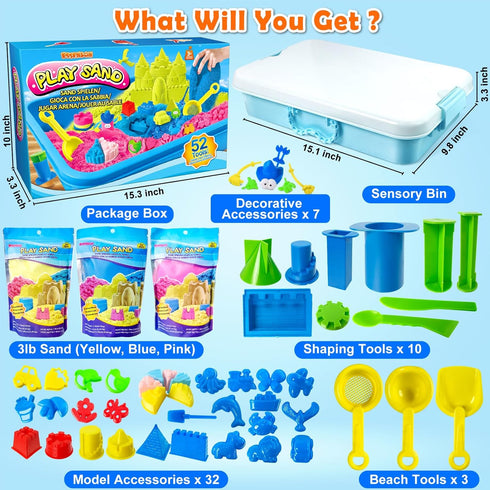 52 3lbs ESSENSON Sensory Bin - PCS Play Sand Kit with Magical Sand, Beach Toys Castle Molds Sand Molds, Sensory Toy