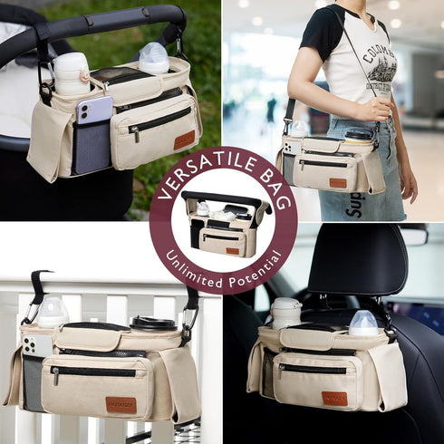 Momcozy 2 Universal Baby Stroller Organizer, Insulated Cup Holder, Detachable Zippered Pocket, Adjustable Shoulder