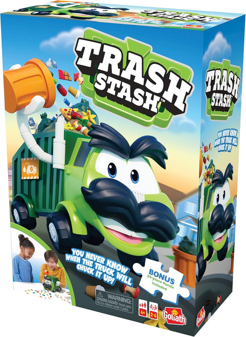 Goliath Trash Stash Game w/ 24pc Puzzle - Fill Trashcan, Watch It Dump Into Garbage Truck - Includes 24-Piece Puzzle