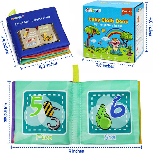 Dr.Rapeti Soft Cloth Books Baby Books Bath Books 6-Pack for Baby Infant Toddler Kids Crinkle Squeaky Washable Chewable Non-Toxic Early Educational Giftable