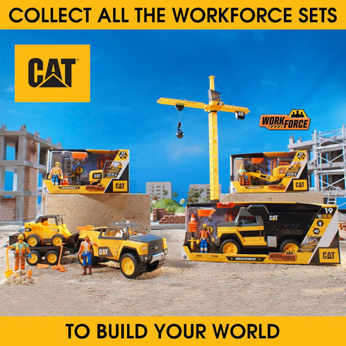 Set, 23-Piece Playset 4-Inch 3+ Cat Workforce Excavator Action Kids Construction Toy with Figure, Non-Drying Dirt