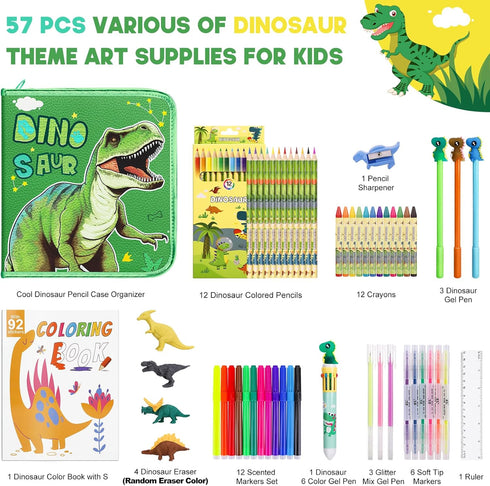 Set 57Pcs 4-6-8, 5,7,Gel Fruit Scented Markers with Glitter Dinosaur Pencil Case & Stationery, Art Supplies for Kids