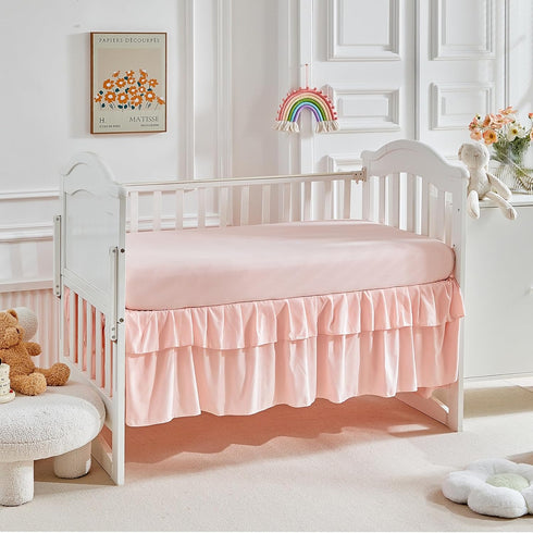 3 Set Flysheep Pieces Tufted Crib Bedding with Ruffle Fringe, Pink Ruffled Comforter with Fitted Sheet and Bed Skirt
