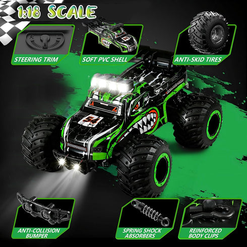 1:18, 20 2WD, 2.4 4-12 Remote Control Monster Truck for Kids: Off-Road RC Car with Headlights & Body Lights, km/h, GHz