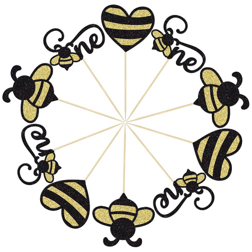 Gyufise 24Pcs Bumble Bee Cupcake Toppers, Heart Bumble Bee Cake Decorations for 1st Birthday Baby Shower Party Supplies