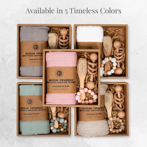 BoxLux Newborn Baby Gift Box with Bamboo Muslin Swaddle Blanket, Wood Rattle Toy and Wool Brush, Welcome Box for Baby