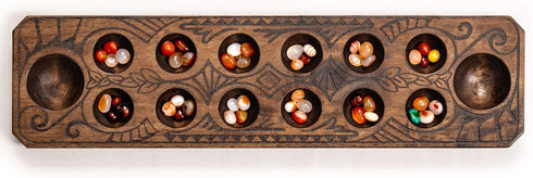 Set 17.3-Inch Yellow Mountain Imports Mancala with Solid Wood Board and Quartz Pebble Playing Pieces