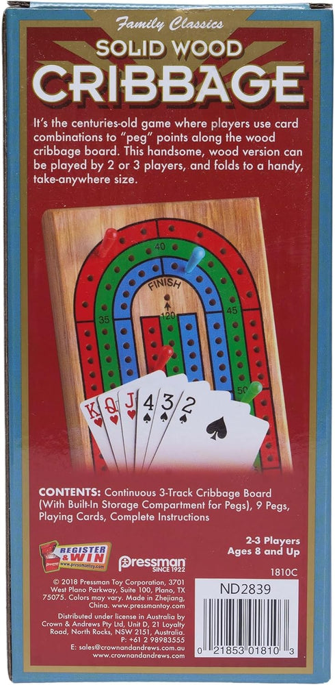 Family Classics Cribbage - Solid Wood Continuous 3 Track Board with Built-In Storage for Pegs