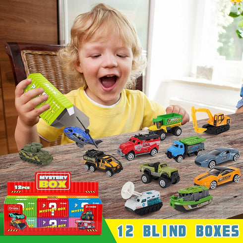 Oriate Diecast Toy Cars Set for 3-8 Year Old Boys, 12 Pack Mini Metal Cars 1/64, Blind Box Edition