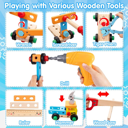 Set 59 3 4 5 6 Kids Tool Toy for Boys - Educational Montessori Wooden Toddler Play Tool Box with Electric Drill - Pcs
