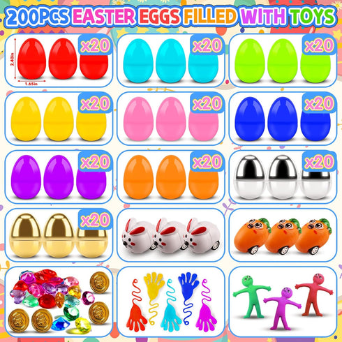 200 KissFuture PCS Prefilled Easter Eggs with Toys Inside, Easter Eggs Filled for Egg Hunt, Easter Basket Stuffers
