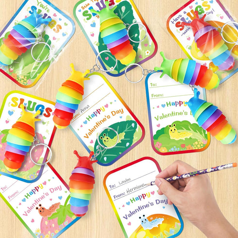 Kids,24 Pack AuroTops Valentines Day Cards for Cute Keychains Bulk Sensory Slug Fidget Toys with Valentines Cards