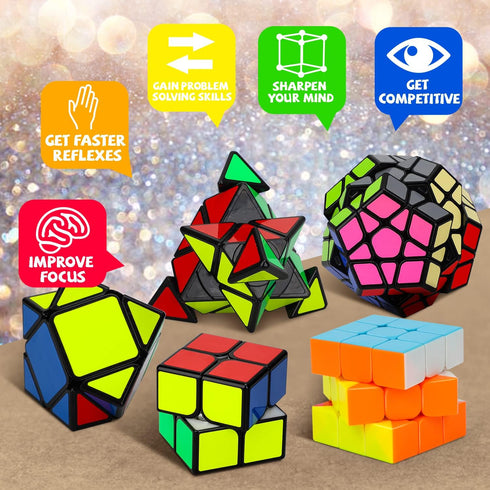 STEAM Life Speed Cube Set, 5 Pack Magic Cube Bundle for Kids & Adults, Includes 3x3, 2x2, Pyramid, Megaminx