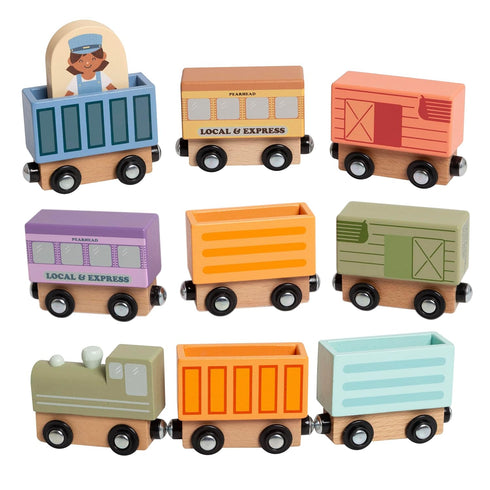 Pearhead Wooden Train Set for Toddlers 10-Piece Magnetic Train Cars, FSC-Certified Wood,