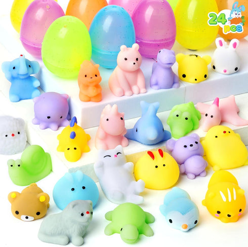 JOYIN 24 Pcs Easter Prefilled Eggs with Mochi Squishy Toys, Animal Stress