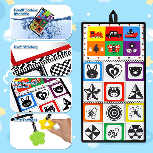 Dr.Rapeti Tummy Time Floor Mirror - Black and White High Contrast Baby Toy with Teethers, Washable & Non-Toxic