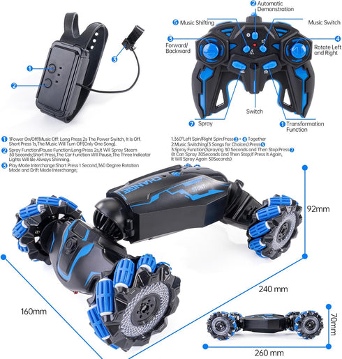 WJWMIRC 4WD 360 6-12 Remote Control Gesture Sensor Car, Double-Sided Rotating Flips Drift, with Lights Music, RC Stunt