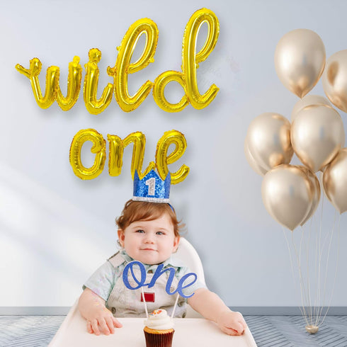 Wild One Cursive Letter Balloons - First Birthday Decorations for Baby Boy & Girl Party Supplies, Gold Banner