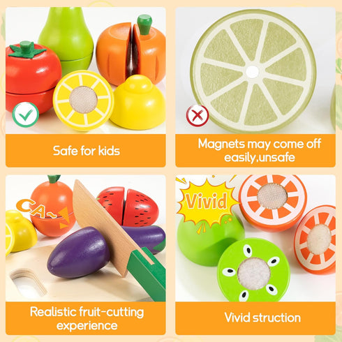 Set 3 4 5 6 7 Wooden Play Food for Toddlers, Fruit and Veggies Cutting for Kids, Pretend Food Play Kitchen Accessories