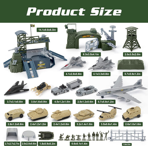 Set 13 XDUOYJOY Military Base Toy, Army Toys with Vehicles Airplane Tank Trucks Helicopter Fighter Jet, Play Mat
