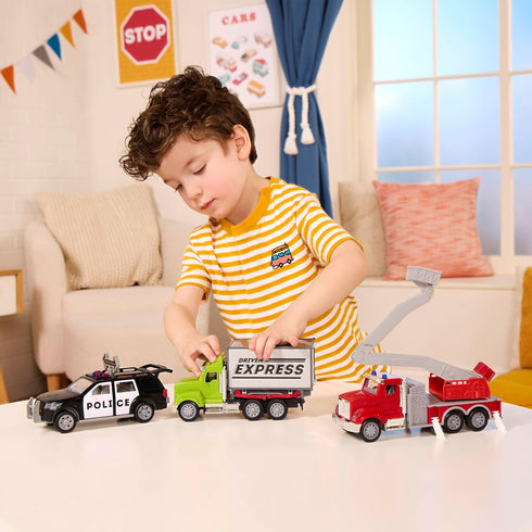 Driven by Battat Micro 1:24 Scale Toy Container Truck with Lights & Sounds for Kids - Realistic Delivery Truck