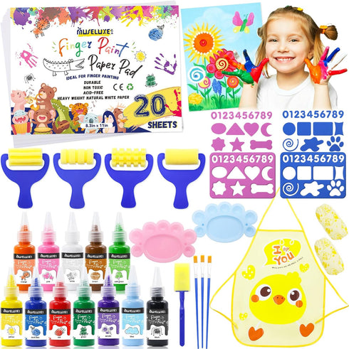 MuseLuxe 45PCS Kids Washable Finger Paint Kit,12 Colors Non Toxic Finger Paints,Art Painting