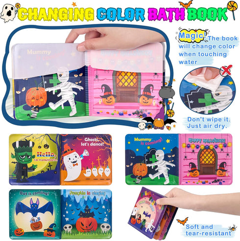 Halloween Light Up Bath Toys for Toddlers Kids, No Hole Bath Toys with Halloween Bath Book, LED Light Bath Time Water