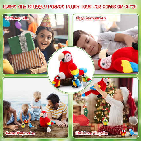 Meooeck 7 Pcs Macaw Parrot Plush Toys Set | 13 Inch Large Mommy Parrot with Nest, Egg & 3 Cute Baby Plushies