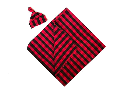 Copper Robin Black and White Buffalo Plaid Swaddle Blanket and Hat Set, Large Receiving