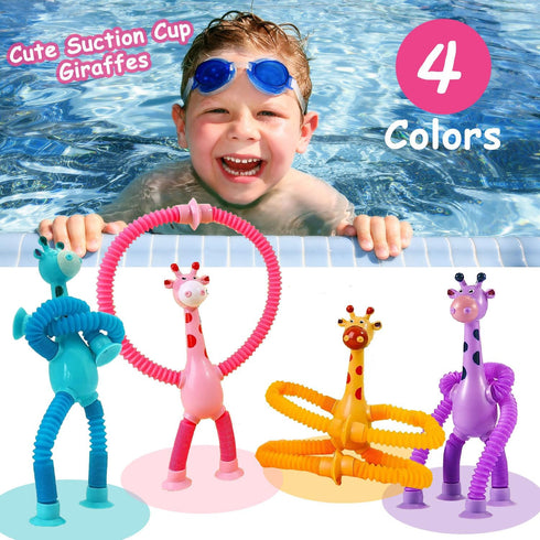 Telescopic Suction Cup Giraffe Toy, 4 Packs Pop Tubes Giraffe Fidget Toys, Educational Sensory Toy for Toddlers Travel