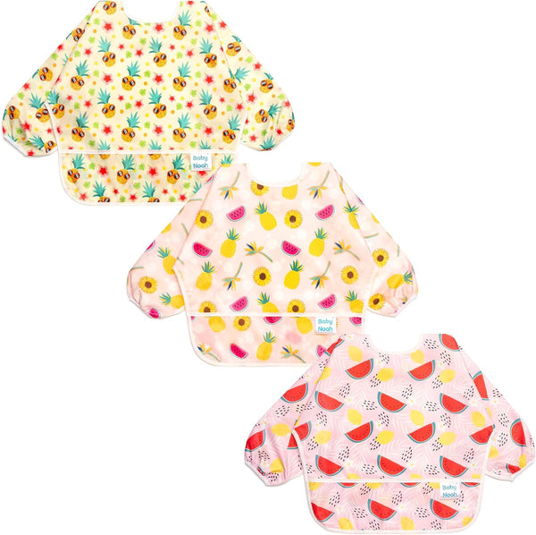 3 Pcs Long Sleeved Bib Set, Baby Waterproof Bibs with Pocket Bundle, Toddler Bib with Sleeves (6-24 Months)