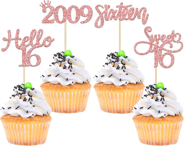 Gyufise 24 Pack Rose Gold Glitter 16th Birthday Cupcake Toppers, Hello Sweet 16 Sixteen Since 2009 Cake Decorations