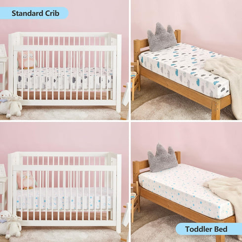 TILLYOU Baby Crib Sheets, 2 Pack Super Soft Toddler Bed Sheets for Standard Crib Mattress 28x52in, Blue Clouds and Stars