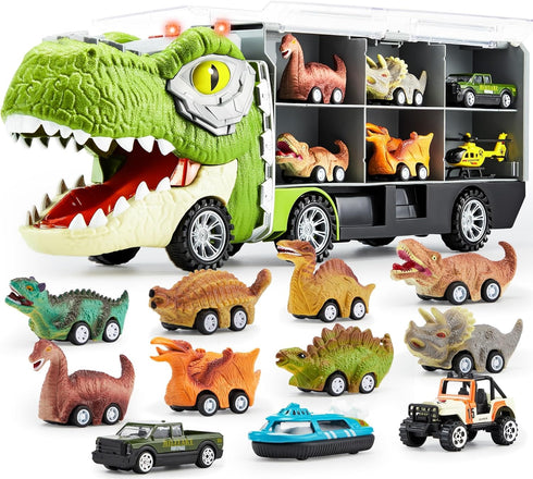 JOYIN 13 in 1 Dinosaur Toys for Kids 3-5, Dinosaur Truck with 12 Pull Back Cars, Birthday Gifts for Boys
