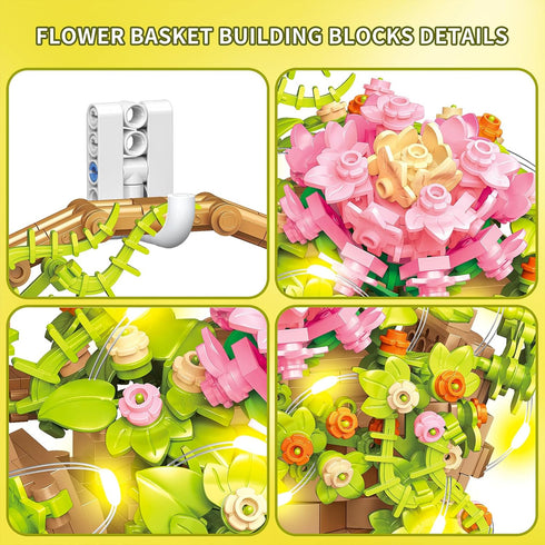 PoseablePals Set Day691PCS Flower Bouquet Building with LED Light, Flowers Basket Bonsai Botanical Collection Building