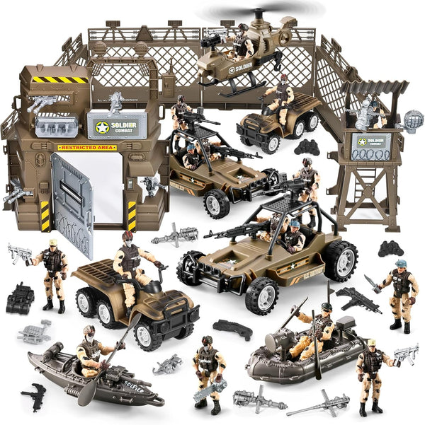 JASSKKBO 86-In-1 Army Men Toys for Boys 4-7 6-8 8-12, Military Base/Truck/Kayak Boat/Motorcycle/Helicopter/Army