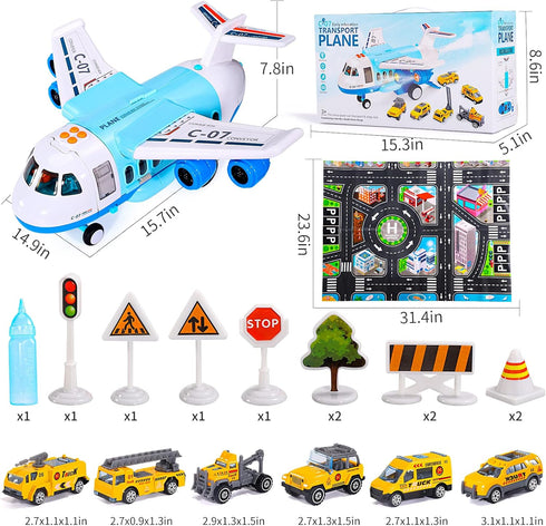 iHaHa Spray Airplane Toys for Boys and Girls, Large Cargo Airplane with 6 Construction Vehicles and Play Mat